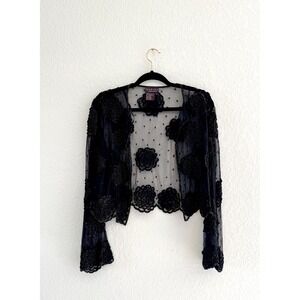 Vintage Whimsigoth Black Beaded Floral Lace Sheer Bolero Jacket Size L
